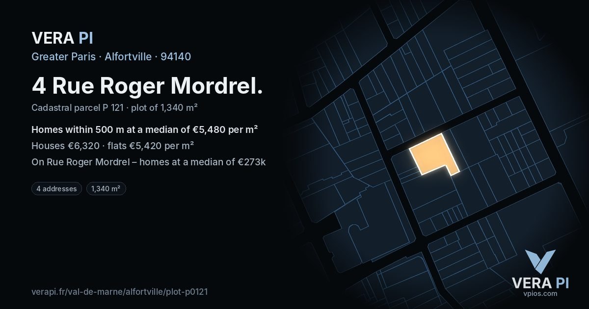 4 Rue Roger Mordrel, Alfortville at night – the plot lit, the parcels around coloured by the prices near them