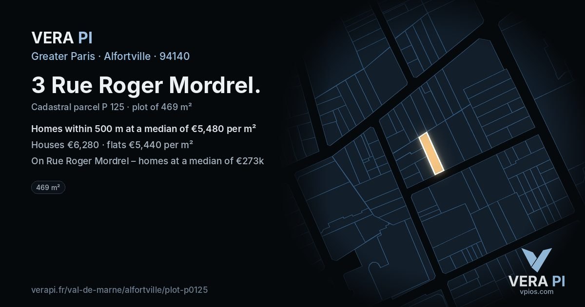 3 Rue Roger Mordrel, Alfortville at night – the plot lit, the parcels around coloured by the prices near them