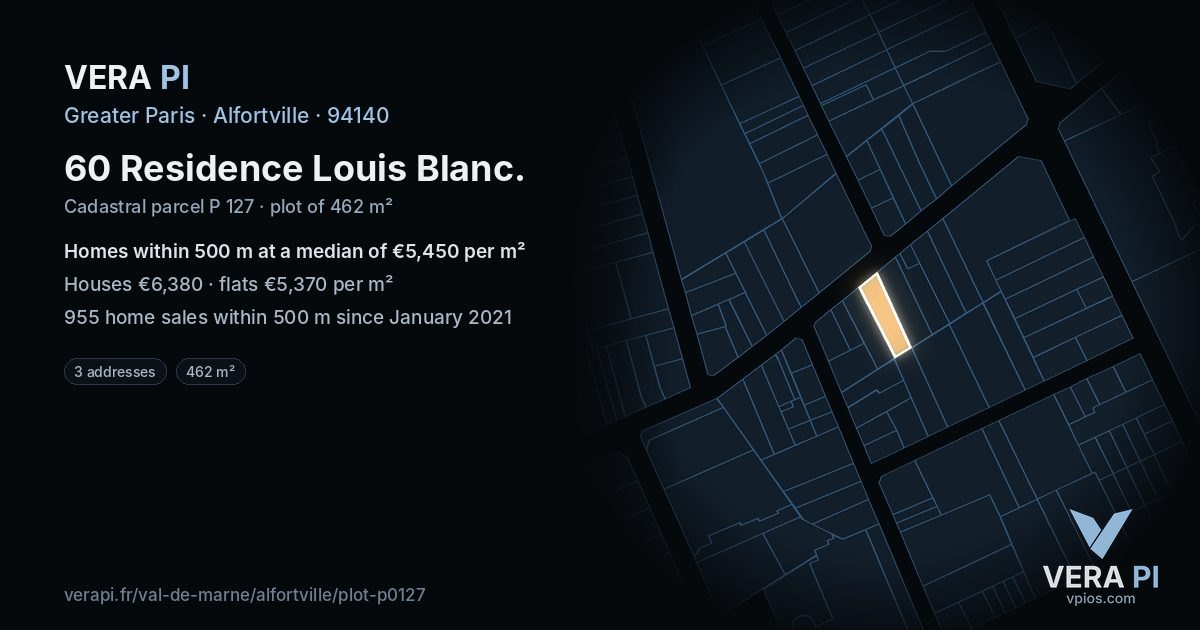60 Residence Louis Blanc, Alfortville at night – the plot lit, the parcels around coloured by the prices near them