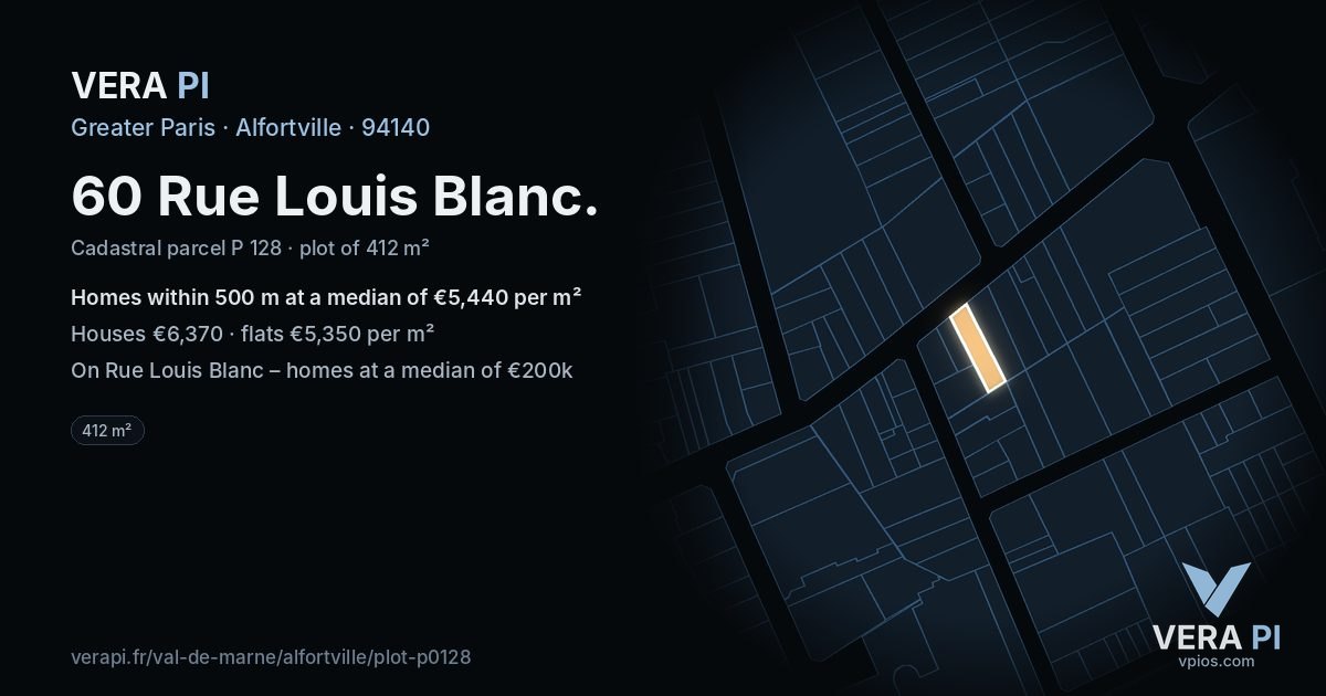 60 Rue Louis Blanc, Alfortville at night – the plot lit, the parcels around coloured by the prices near them