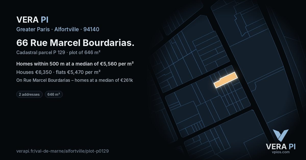 66 Rue Marcel Bourdarias, Alfortville at night – the plot lit, the parcels around coloured by the prices near them