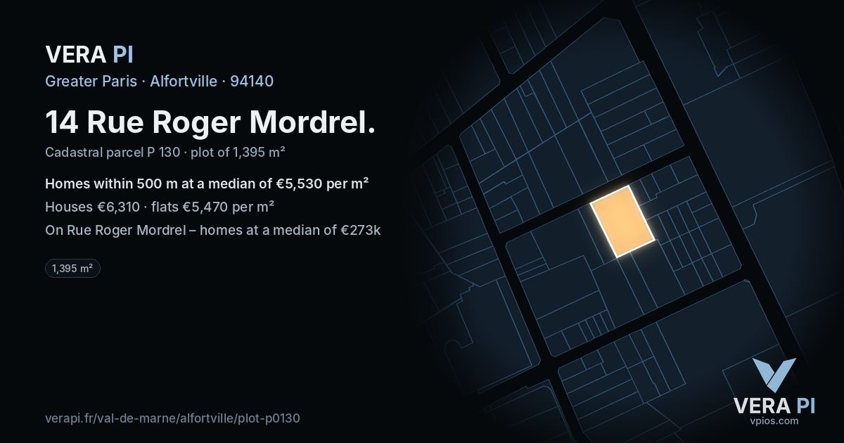 14 Rue Roger Mordrel, Alfortville at night – the plot lit, the parcels around coloured by the prices near them