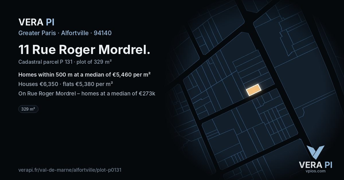 11 Rue Roger Mordrel, Alfortville at night – the plot lit, the parcels around coloured by the prices near them