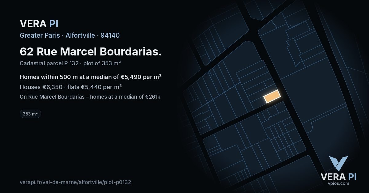 62 Rue Marcel Bourdarias, Alfortville at night – the plot lit, the parcels around coloured by the prices near them