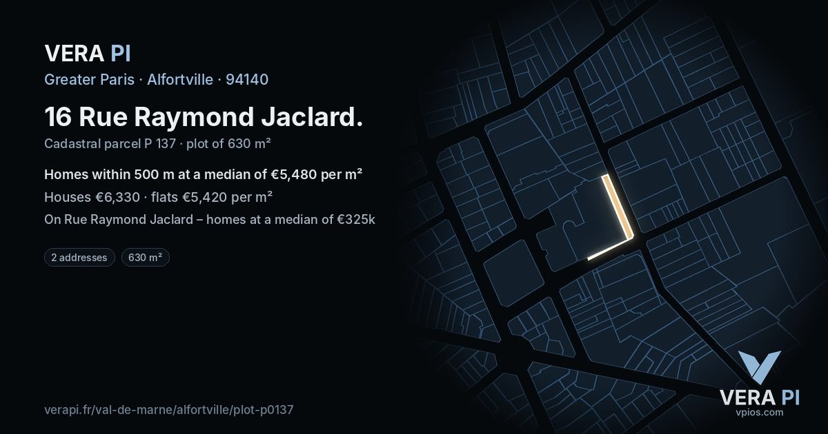 16 Rue Raymond Jaclard, Alfortville at night – the plot lit, the parcels around coloured by the prices near them