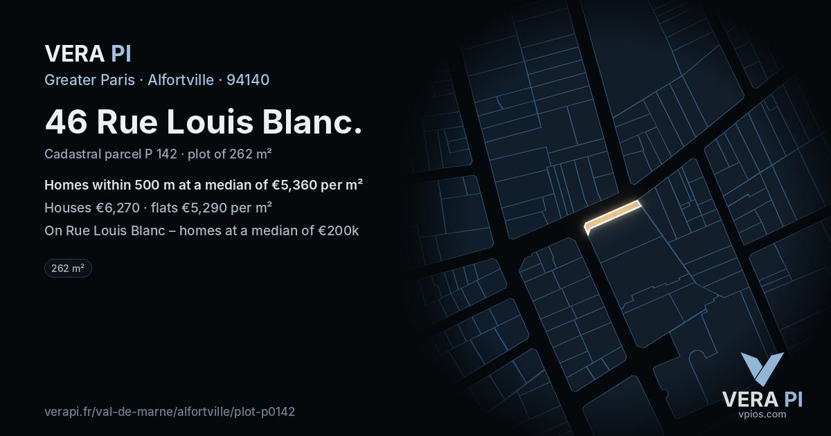 46 Rue Louis Blanc, Alfortville at night – the plot lit, the parcels around coloured by the prices near them