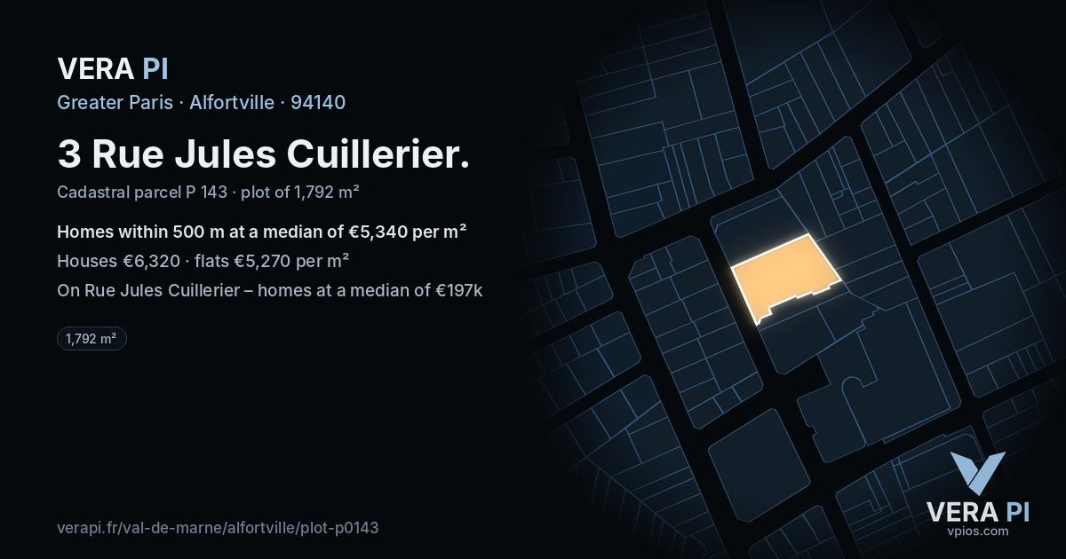 3 Rue Jules Cuillerier, Alfortville at night – the plot lit, the parcels around coloured by the prices near them