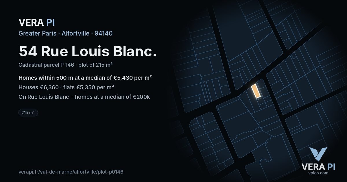 54 Rue Louis Blanc, Alfortville at night – the plot lit, the parcels around coloured by the prices near them
