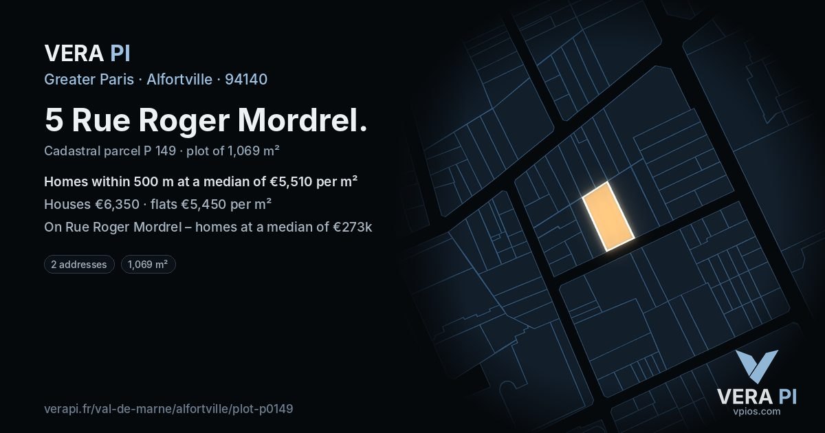 5 Rue Roger Mordrel, Alfortville at night – the plot lit, the parcels around coloured by the prices near them