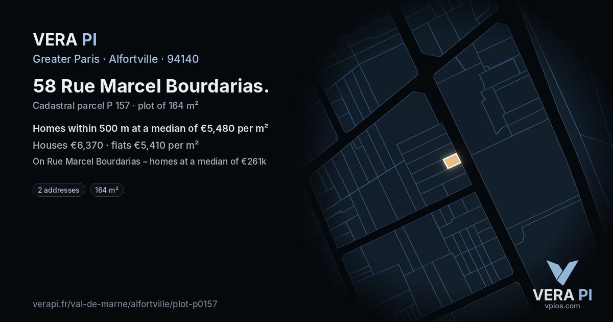 58 Rue Marcel Bourdarias, Alfortville at night – the plot lit, the parcels around coloured by the prices near them