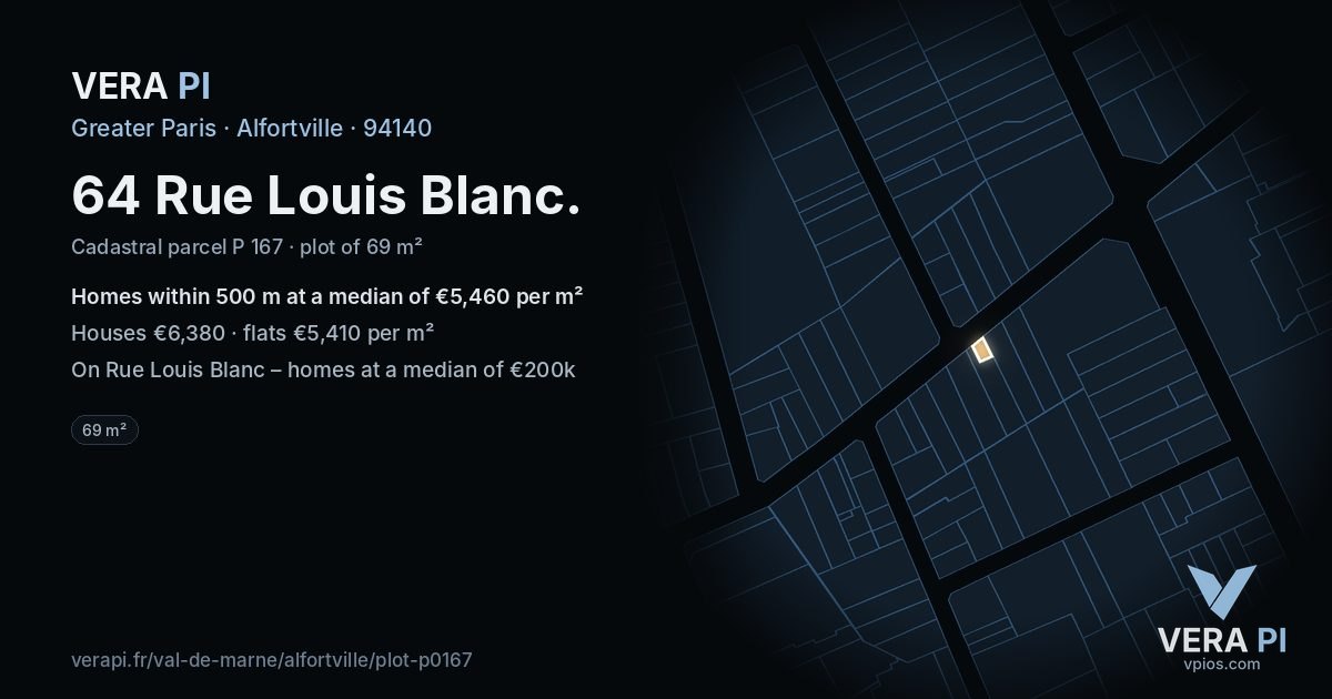 64 Rue Louis Blanc, Alfortville at night – the plot lit, the parcels around coloured by the prices near them