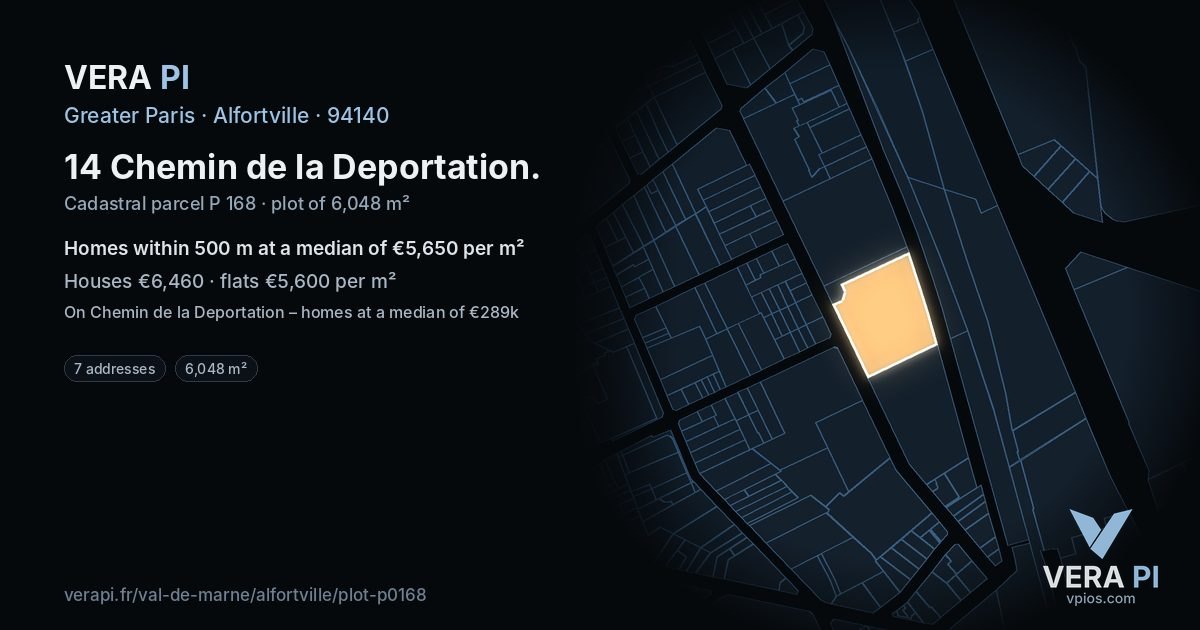 14 Chemin de la Deportation, Alfortville at night – the plot lit, the parcels around coloured by the prices near them