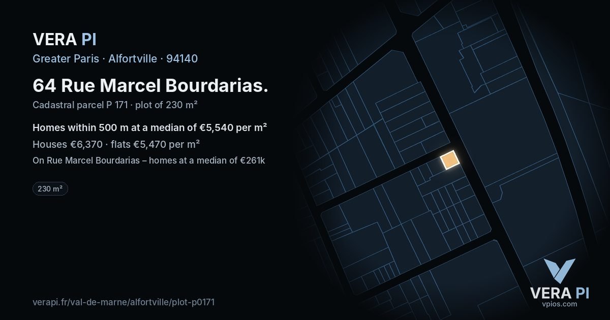 64 Rue Marcel Bourdarias, Alfortville at night – the plot lit, the parcels around coloured by the prices near them