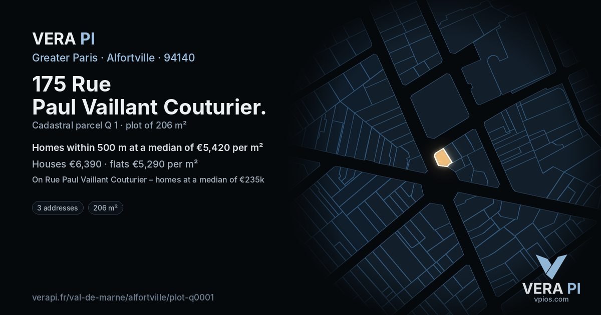 175 Rue Paul Vaillant Couturier, Alfortville at night – the plot lit, the parcels around coloured by the prices near them