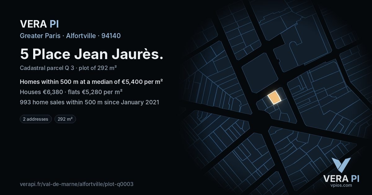 5 Place Jean Jaurès, Alfortville at night – the plot lit, the parcels around coloured by the prices near them