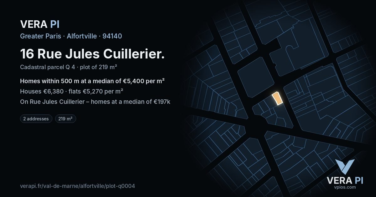 16 Rue Jules Cuillerier, Alfortville at night – the plot lit, the parcels around coloured by the prices near them