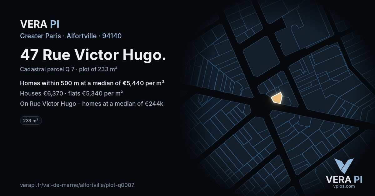 47 Rue Victor Hugo, Alfortville at night – the plot lit, the parcels around coloured by the prices near them