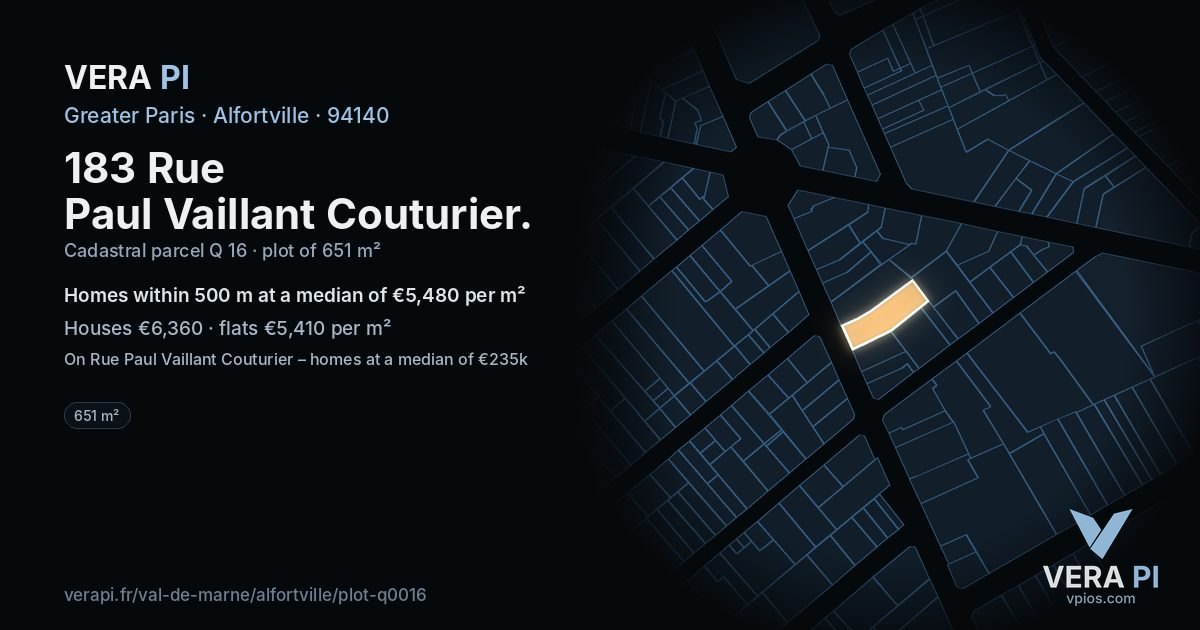 183 Rue Paul Vaillant Couturier, Alfortville at night – the plot lit, the parcels around coloured by the prices near them