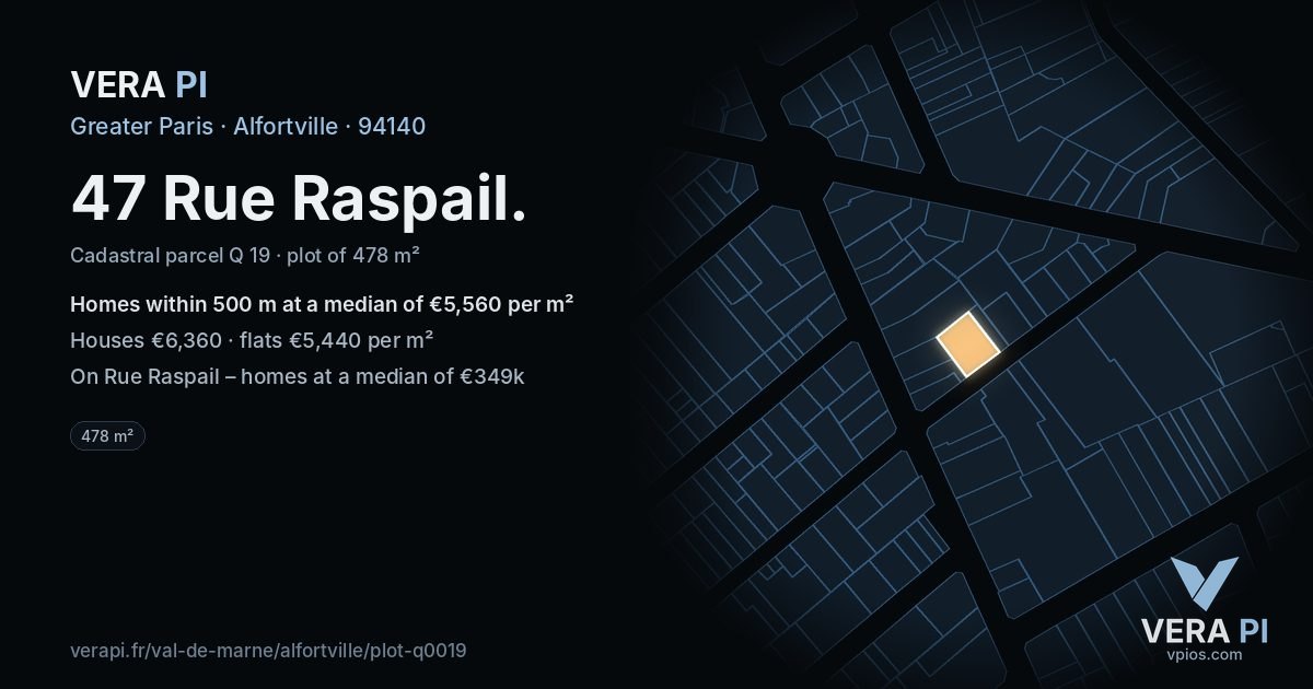 47 Rue Raspail, Alfortville at night – the plot lit, the parcels around coloured by the prices near them