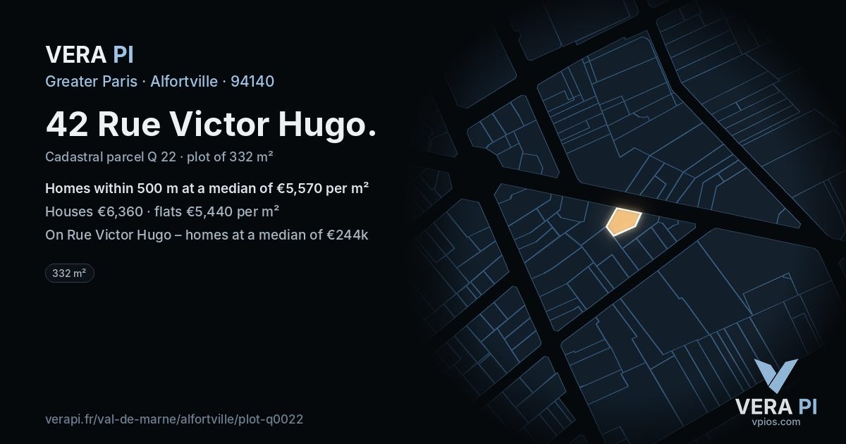 42 Rue Victor Hugo, Alfortville at night – the plot lit, the parcels around coloured by the prices near them