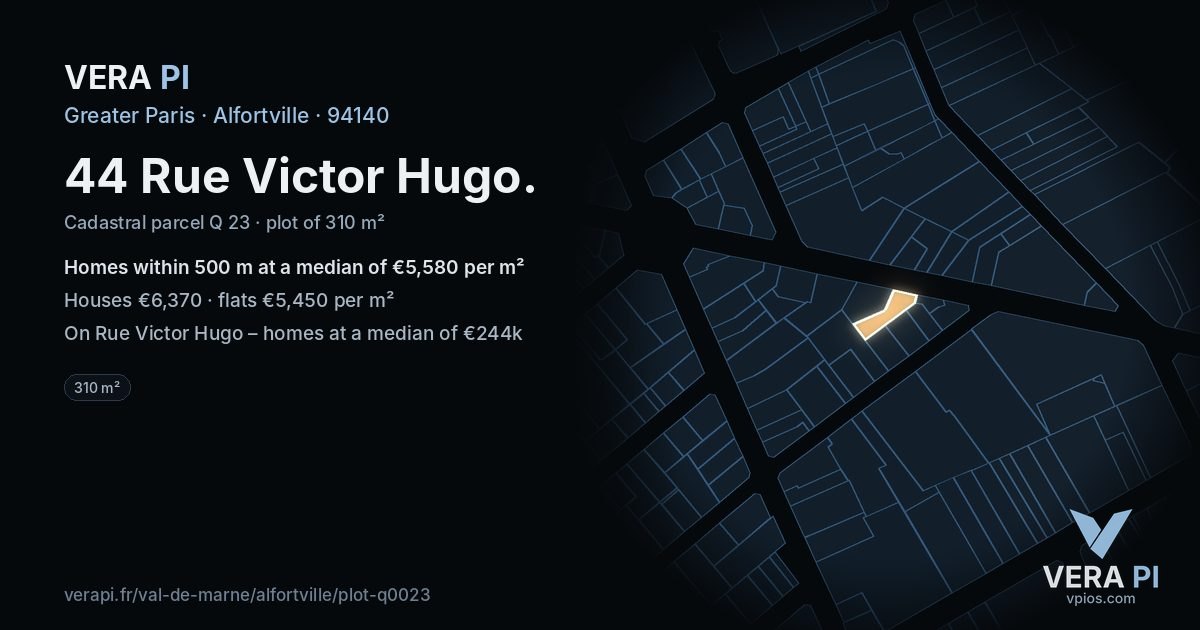 44 Rue Victor Hugo, Alfortville at night – the plot lit, the parcels around coloured by the prices near them
