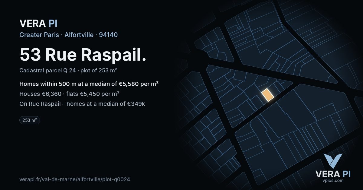 53 Rue Raspail, Alfortville at night – the plot lit, the parcels around coloured by the prices near them
