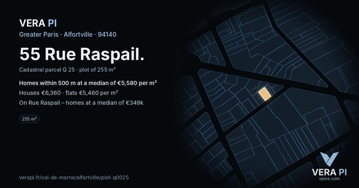 55 Rue Raspail, Alfortville at night – the plot lit, the parcels around coloured by the prices near them