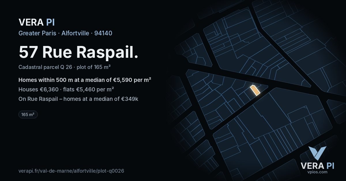 57 Rue Raspail, Alfortville at night – the plot lit, the parcels around coloured by the prices near them