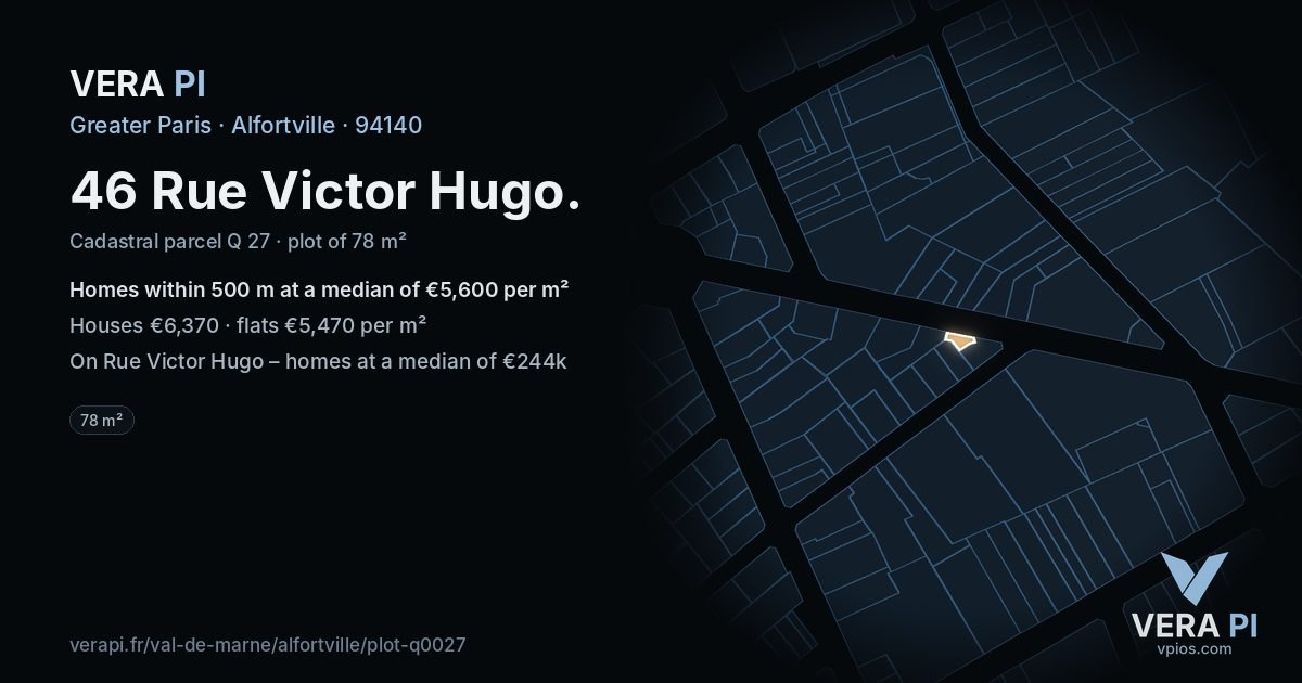 46 Rue Victor Hugo, Alfortville at night – the plot lit, the parcels around coloured by the prices near them