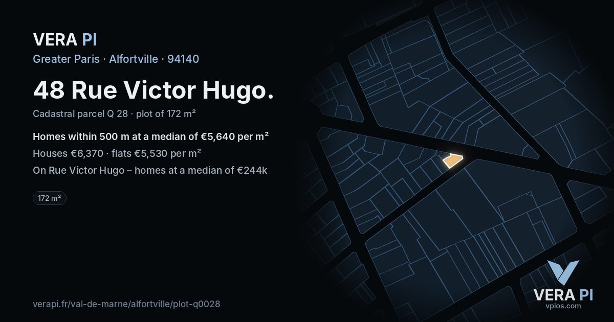 48 Rue Victor Hugo, Alfortville at night – the plot lit, the parcels around coloured by the prices near them