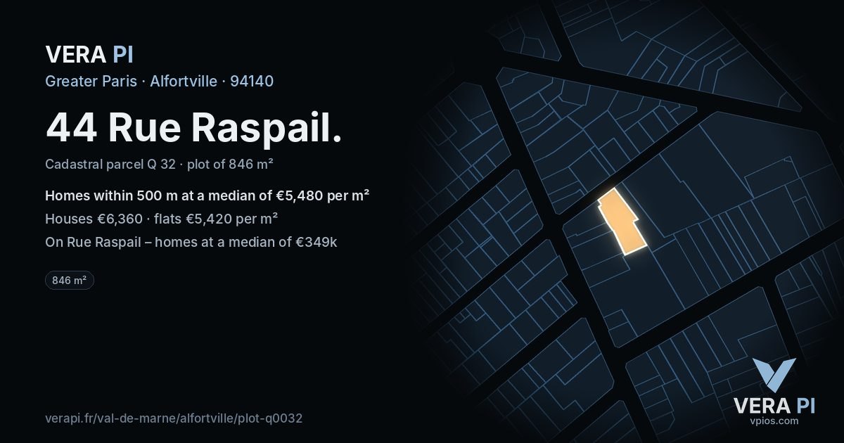 44 Rue Raspail, Alfortville at night – the plot lit, the parcels around coloured by the prices near them