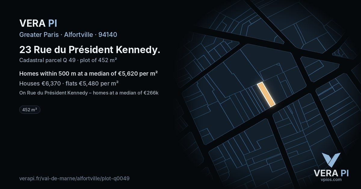 23 Rue du Président Kennedy, Alfortville at night – the plot lit, the parcels around coloured by the prices near them