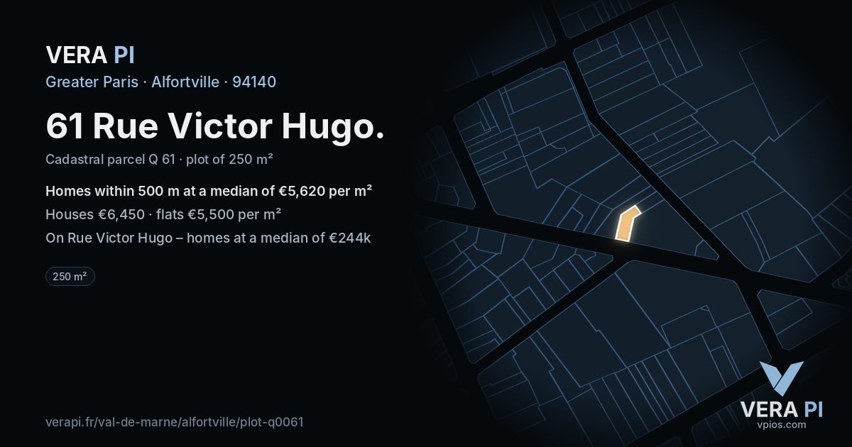 61 Rue Victor Hugo, Alfortville at night – the plot lit, the parcels around coloured by the prices near them