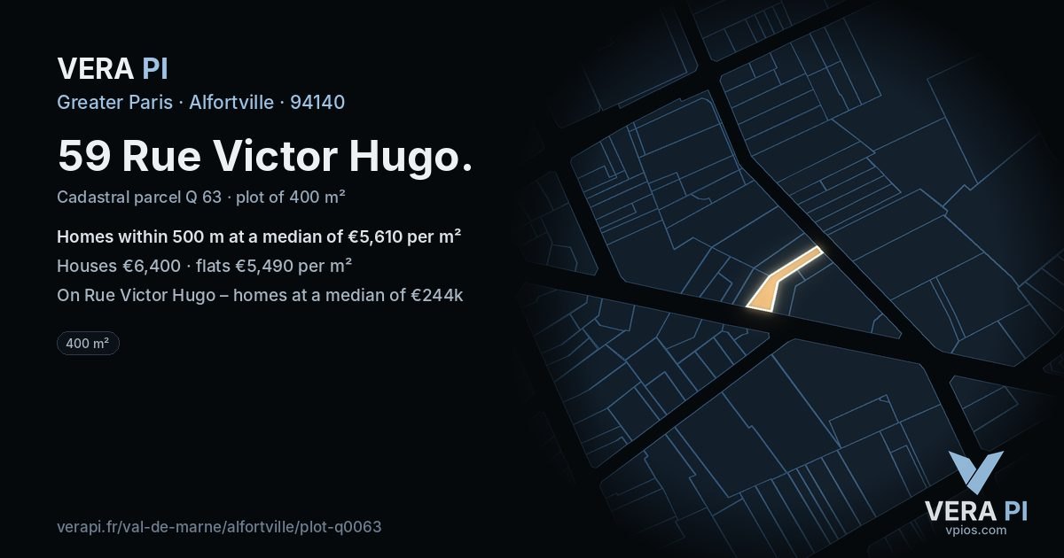 59 Rue Victor Hugo, Alfortville at night – the plot lit, the parcels around coloured by the prices near them