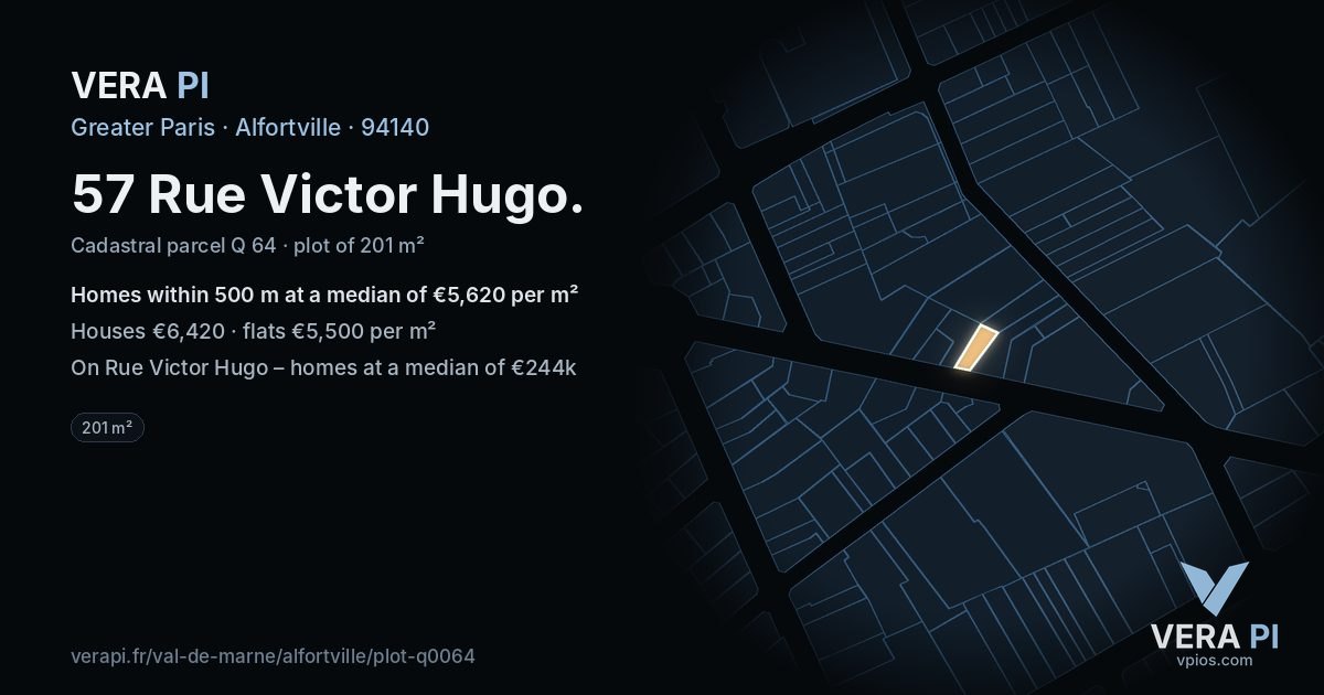57 Rue Victor Hugo, Alfortville at night – the plot lit, the parcels around coloured by the prices near them