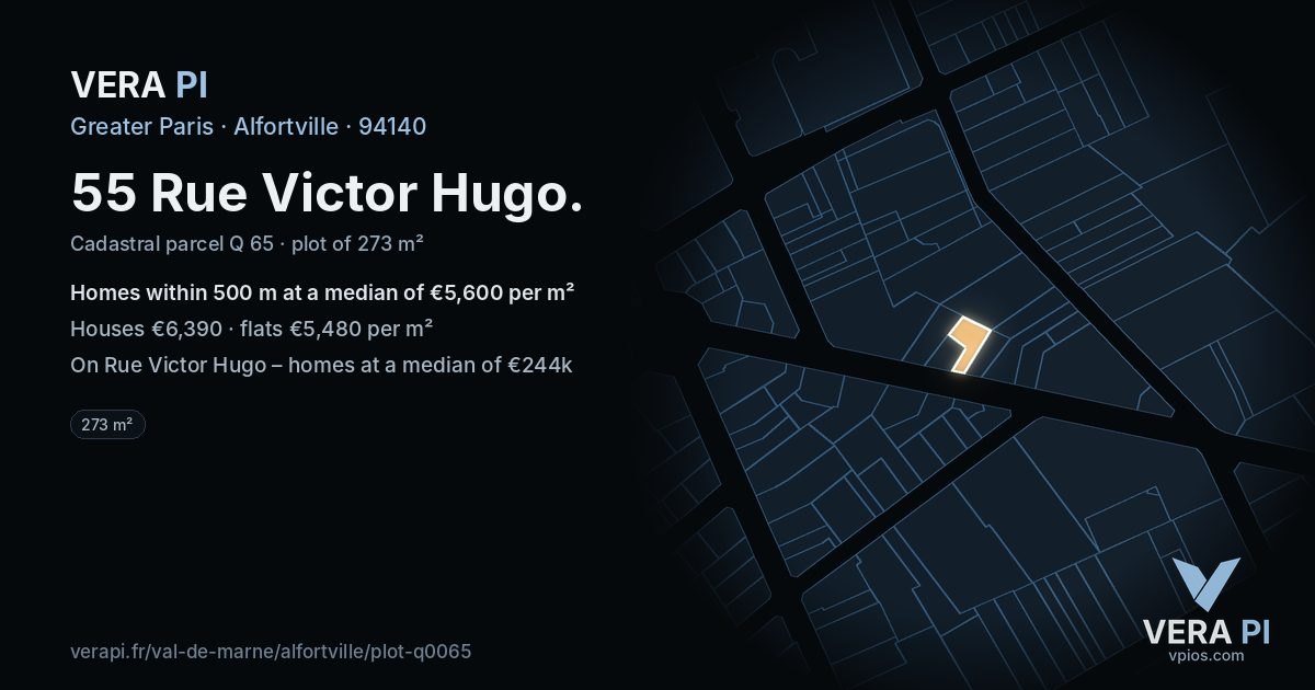 55 Rue Victor Hugo, Alfortville at night – the plot lit, the parcels around coloured by the prices near them