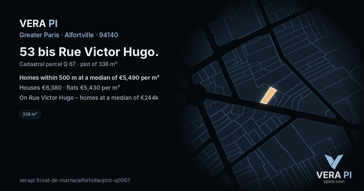 53 bis Rue Victor Hugo, Alfortville at night – the plot lit, the parcels around coloured by the prices near them