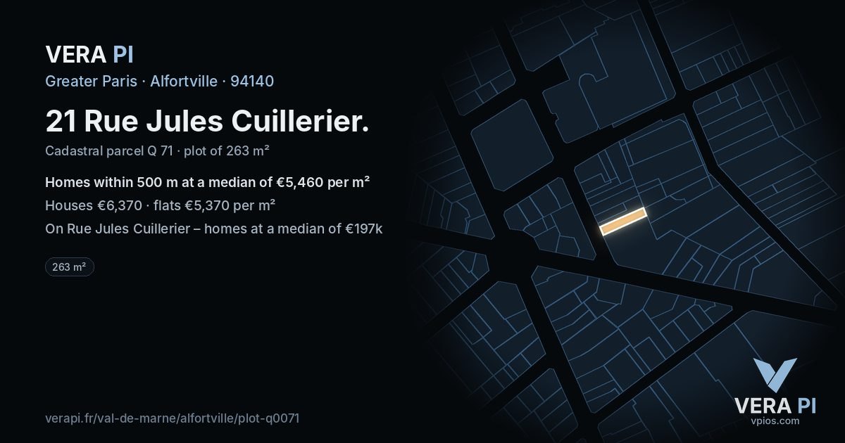 21 Rue Jules Cuillerier, Alfortville at night – the plot lit, the parcels around coloured by the prices near them