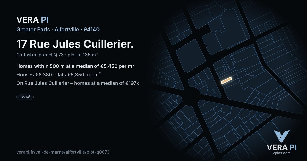 17 Rue Jules Cuillerier, Alfortville at night – the plot lit, the parcels around coloured by the prices near them