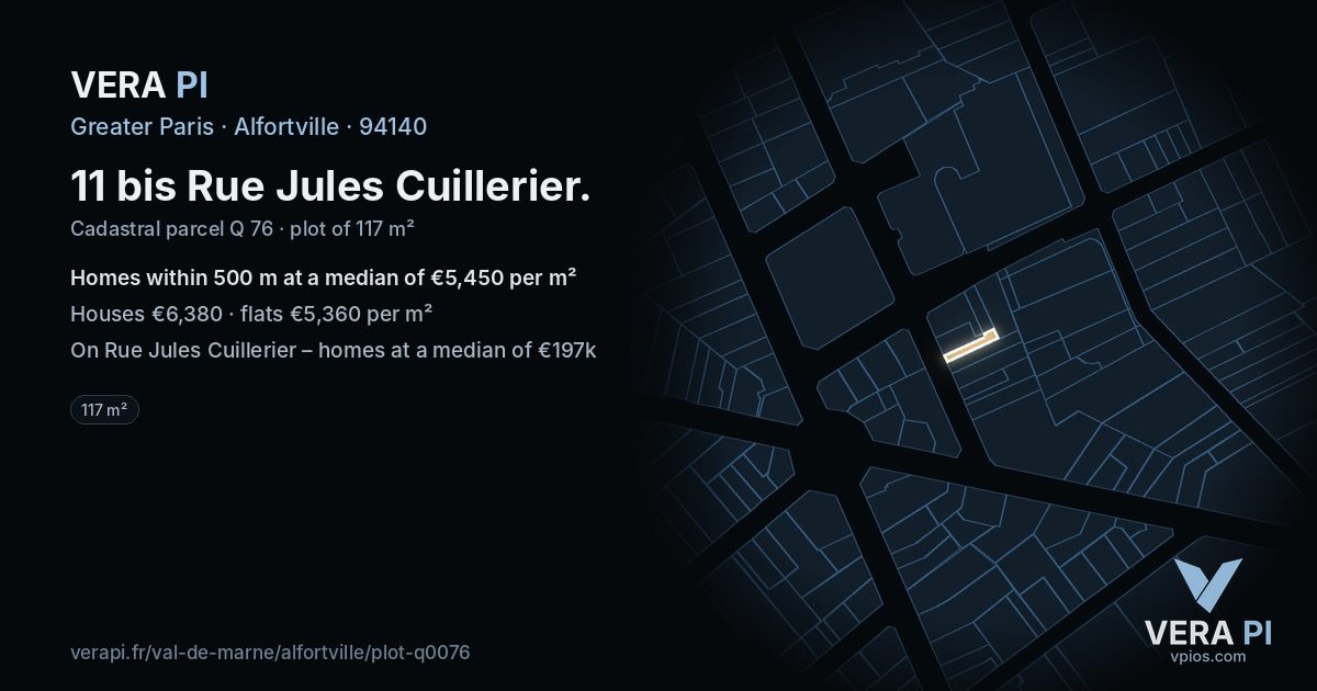 11 bis Rue Jules Cuillerier, Alfortville at night – the plot lit, the parcels around coloured by the prices near them