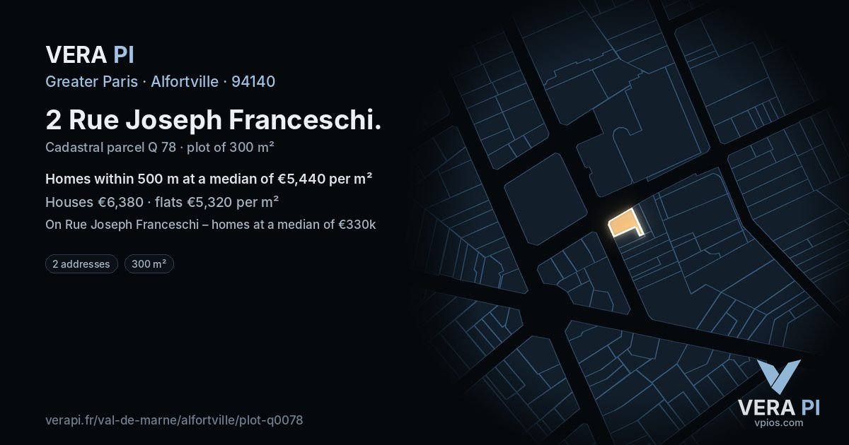 2 Rue Joseph Franceschi, Alfortville at night – the plot lit, the parcels around coloured by the prices near them