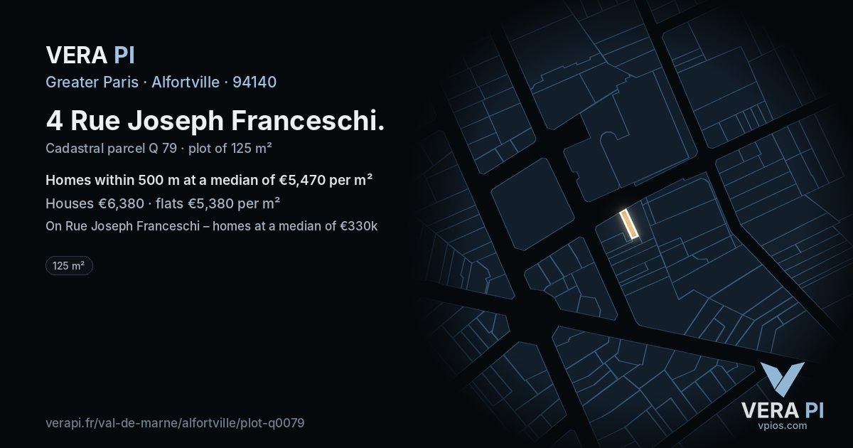 4 Rue Joseph Franceschi, Alfortville at night – the plot lit, the parcels around coloured by the prices near them