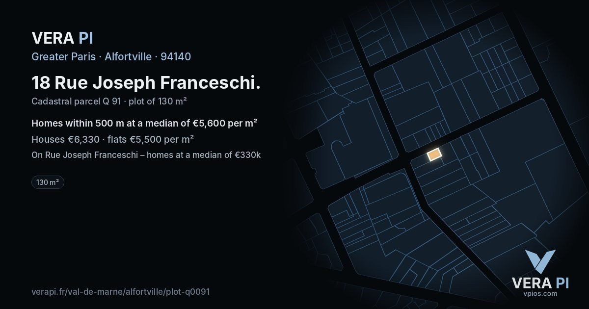 18 Rue Joseph Franceschi, Alfortville at night – the plot lit, the parcels around coloured by the prices near them