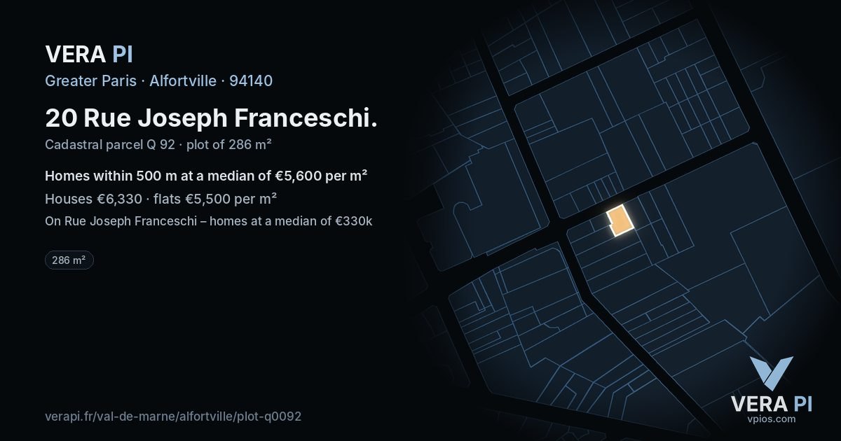 20 Rue Joseph Franceschi, Alfortville at night – the plot lit, the parcels around coloured by the prices near them