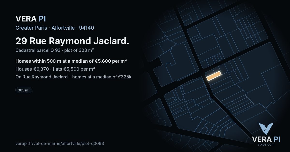 29 Rue Raymond Jaclard, Alfortville at night – the plot lit, the parcels around coloured by the prices near them