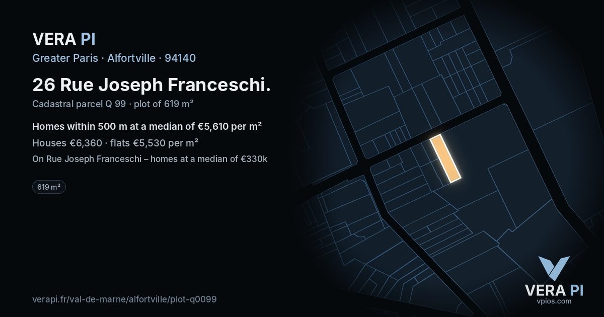 26 Rue Joseph Franceschi, Alfortville at night – the plot lit, the parcels around coloured by the prices near them