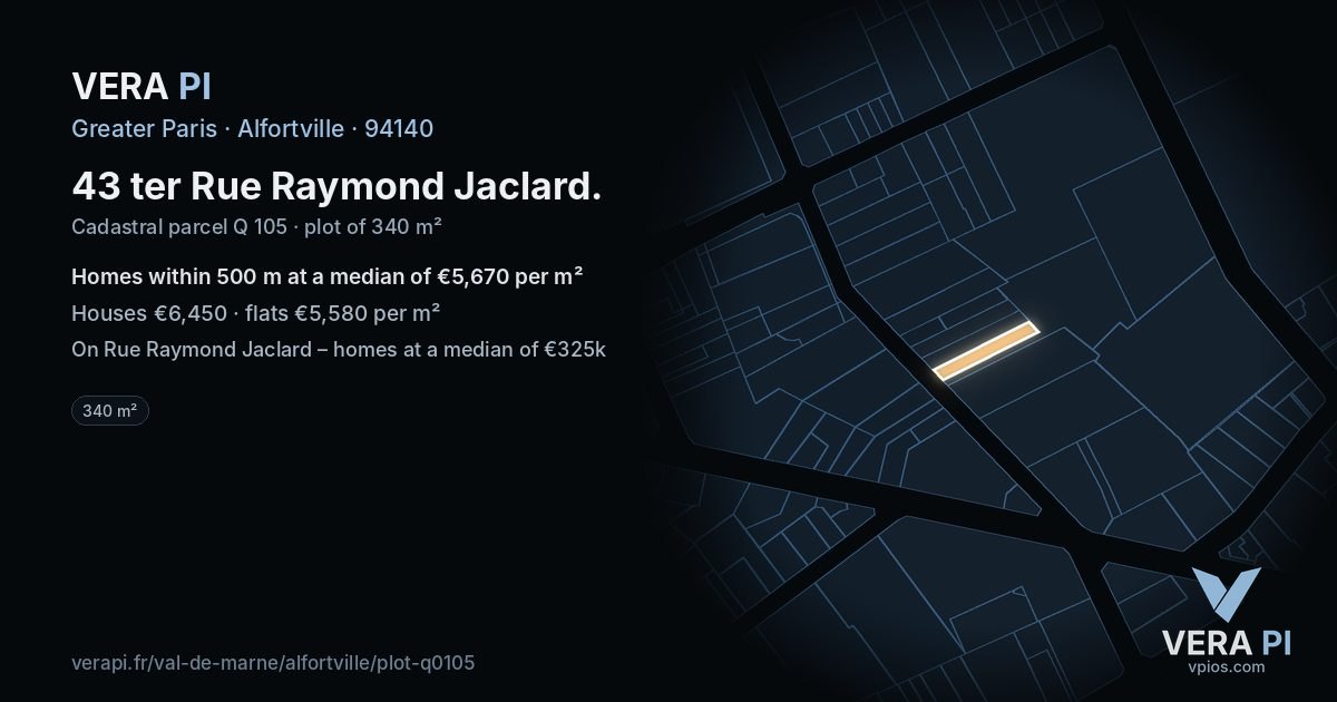 43 ter Rue Raymond Jaclard, Alfortville at night – the plot lit, the parcels around coloured by the prices near them