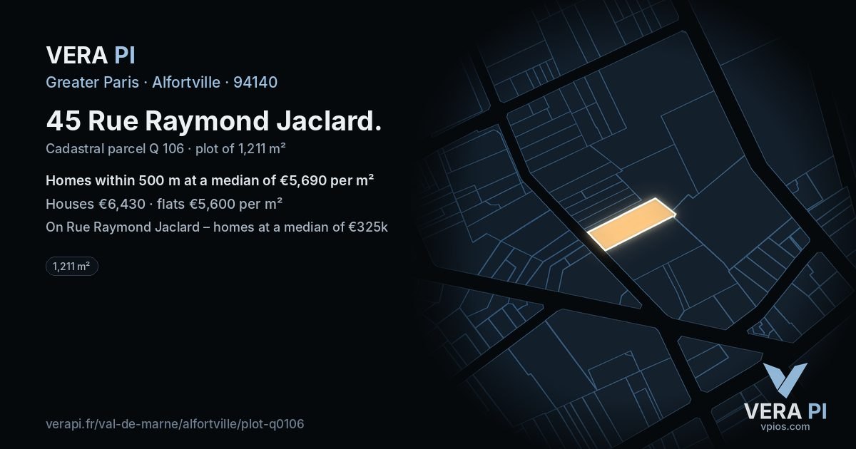 45 Rue Raymond Jaclard, Alfortville at night – the plot lit, the parcels around coloured by the prices near them