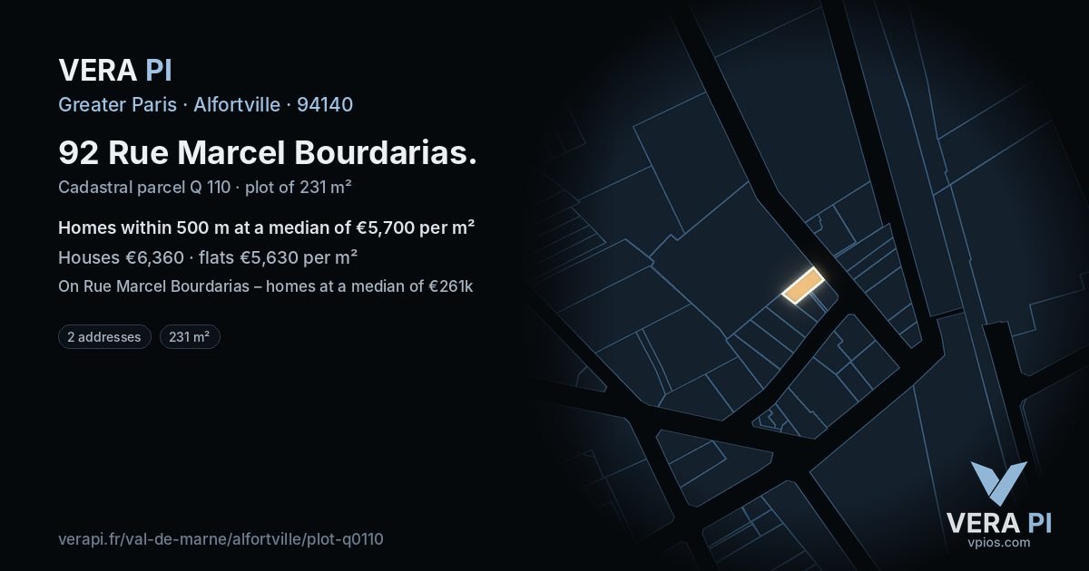 92 Rue Marcel Bourdarias, Alfortville at night – the plot lit, the parcels around coloured by the prices near them