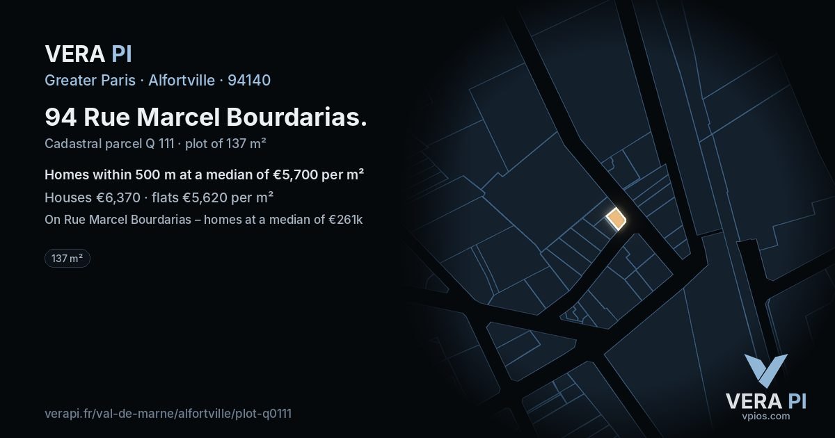 94 Rue Marcel Bourdarias, Alfortville at night – the plot lit, the parcels around coloured by the prices near them